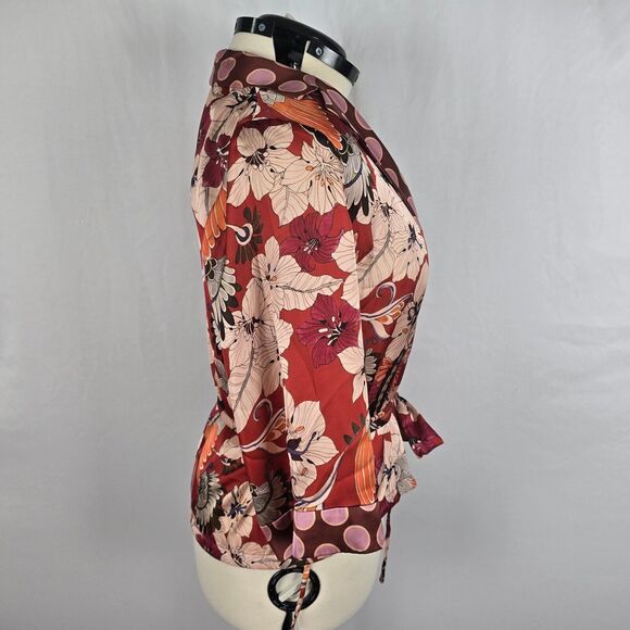 Zara Woman Blouse M Red Pink Floral & Dots Wrap Tie Long Sleeve V-Neck - Picture 12 of 15